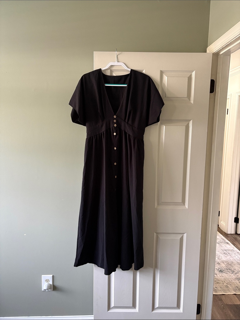 SHEIN Black V-Neck Button Midi Dress